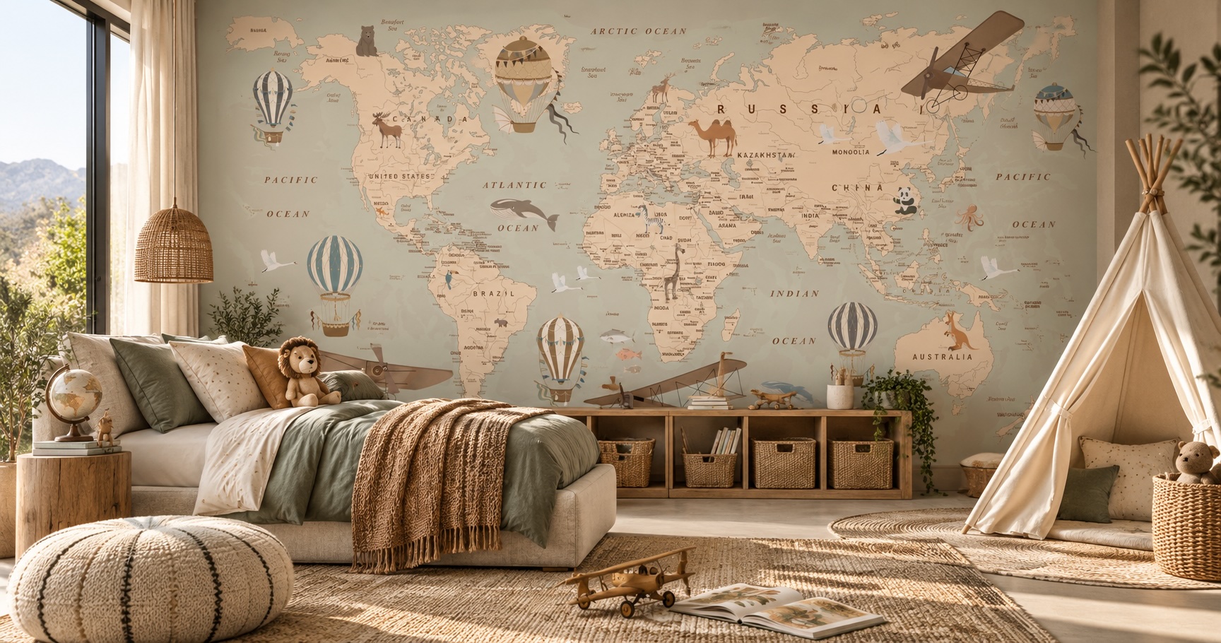 Little explorer world map fabri-wallpaper in a child’s bedroom