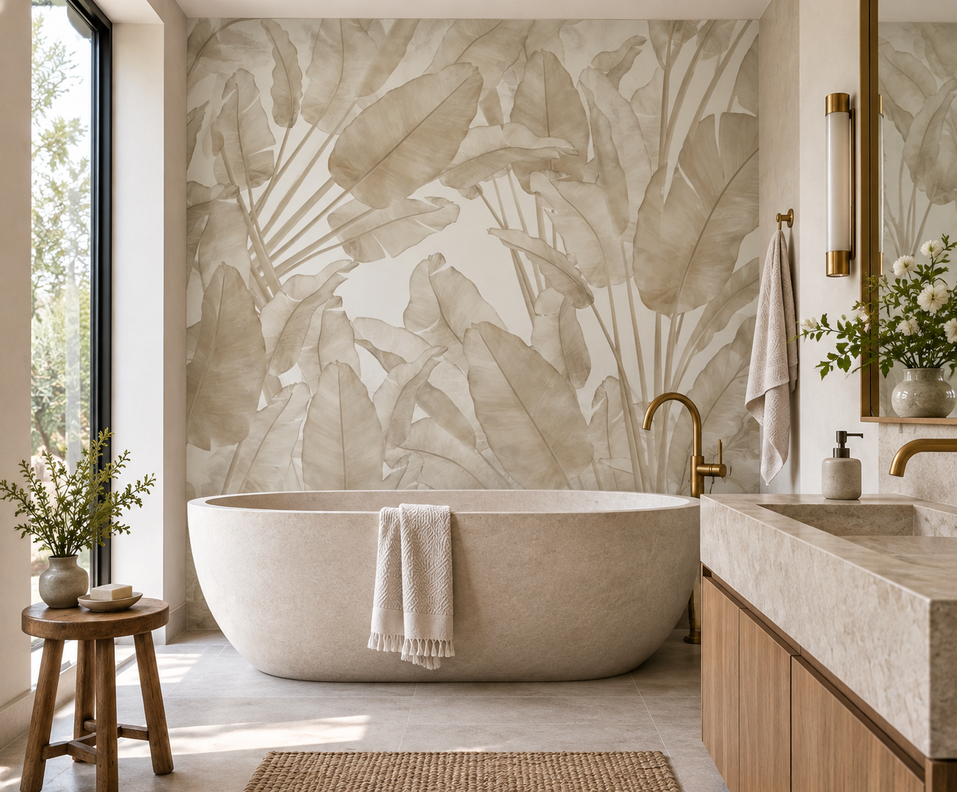 Palm Haven Beige wallpaper in an elegant bathroom